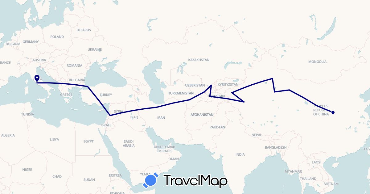 TravelMap itinerary: driving in China, Iran, Italy, Syria, Tajikistan, Turkmenistan, Turkey, Uzbekistan (Asia, Europe)